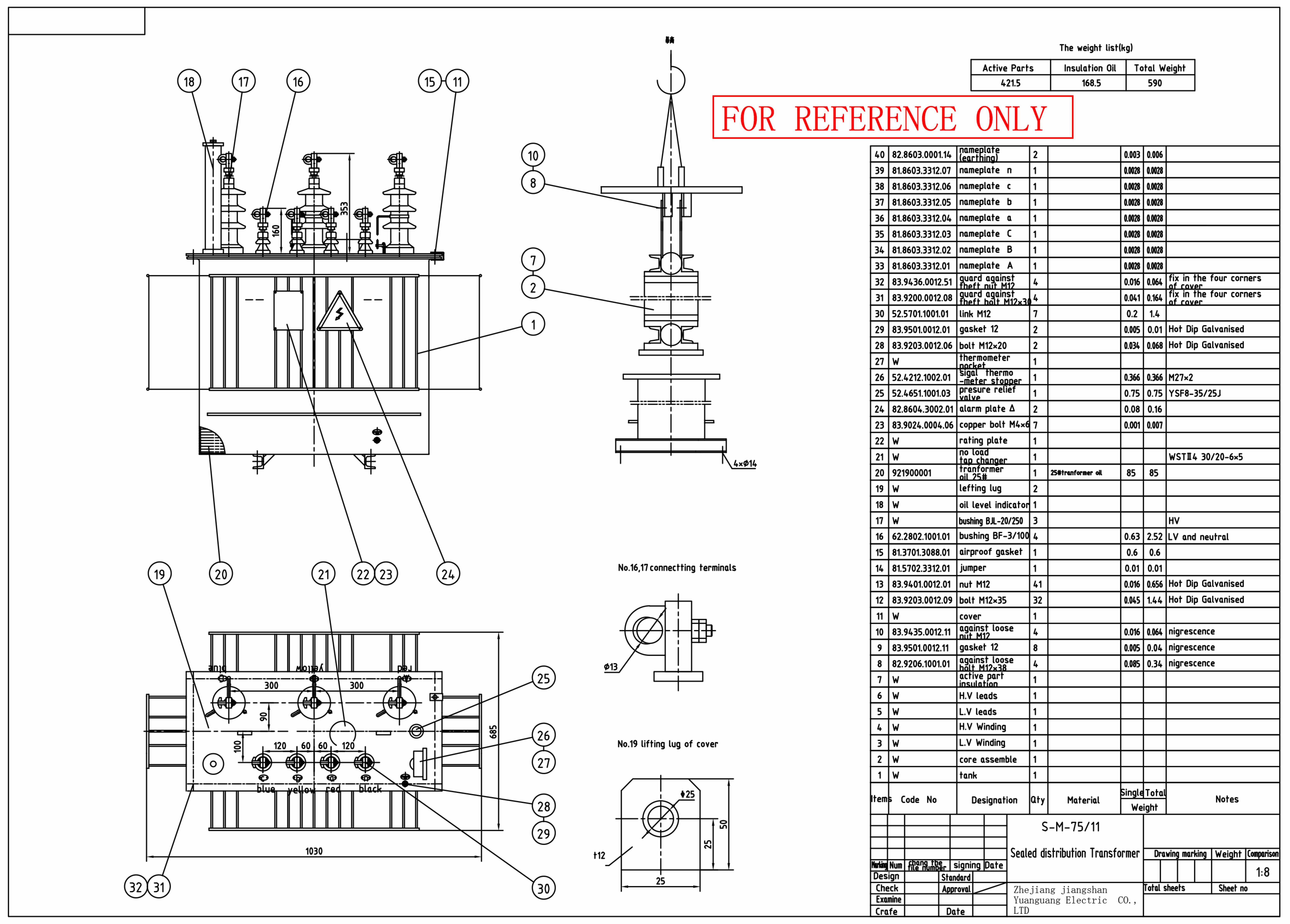 Transformador de distribución montado en poste trifásico de 100 kVA